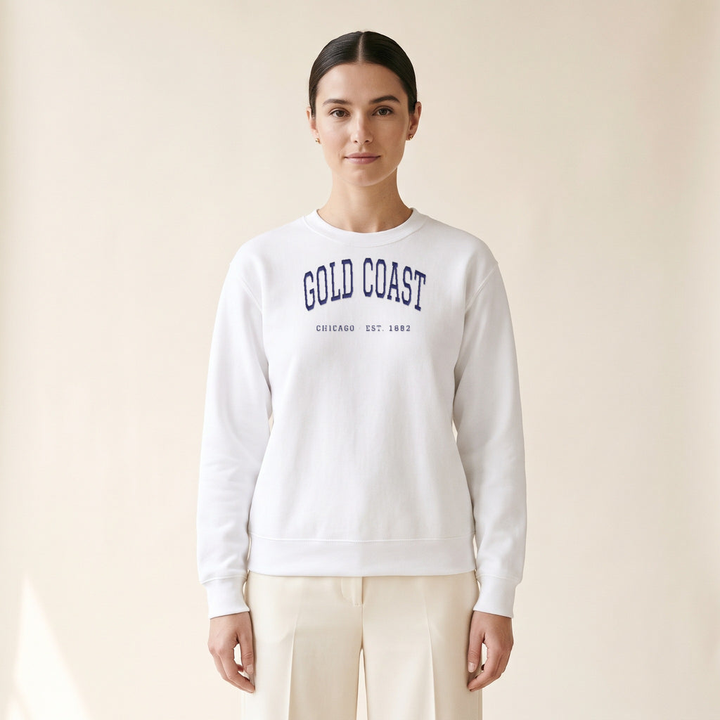 Model wearing the Gold Coast Chicago Embroidered Crewneck — Navy Thread in White