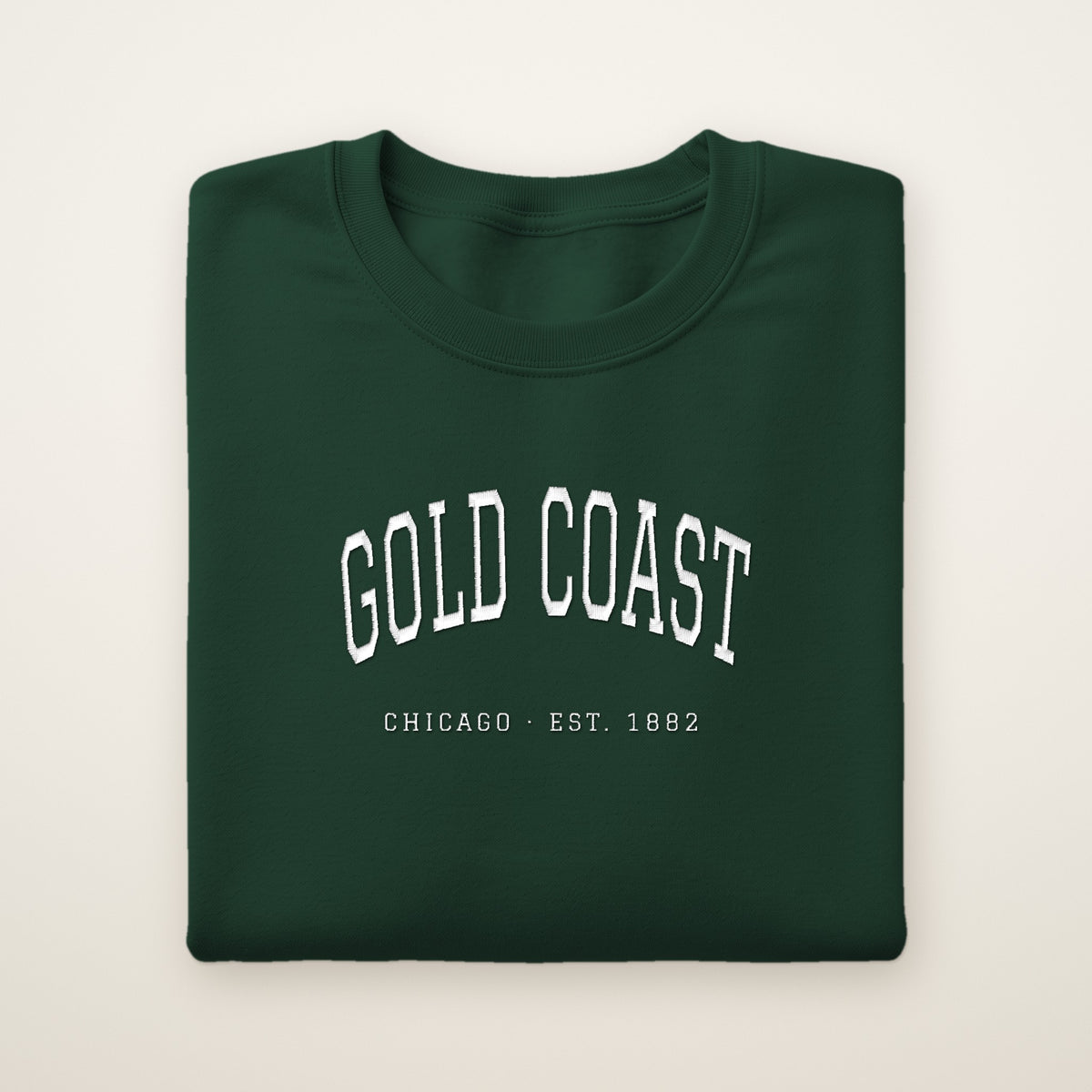 Gold Coast Chicago embroidered crewneck sweatshirt, Forest Green, white embroidery