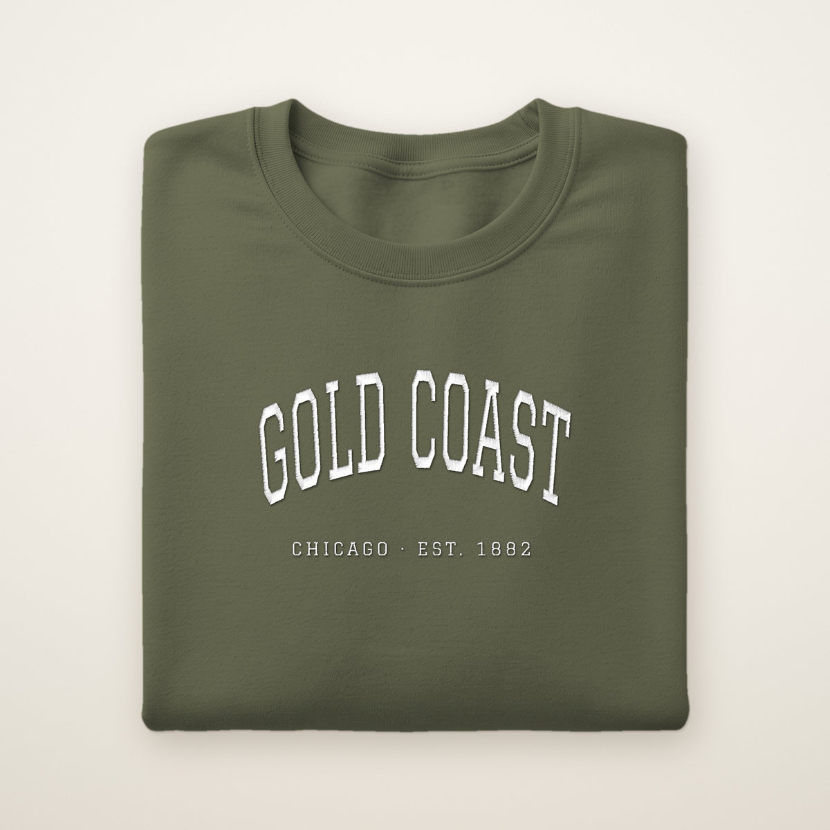 Gold Coast Chicago embroidered crewneck sweatshirt, Military Green, white embroidery