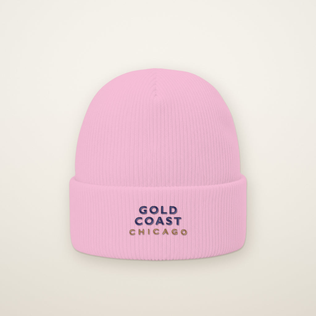 Gold Coast Chicago Embroidered Cuffed Beanie, Navy Thread, Baby Pink