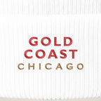Gold Coast Chicago embroidery close-up in red and old gold thread