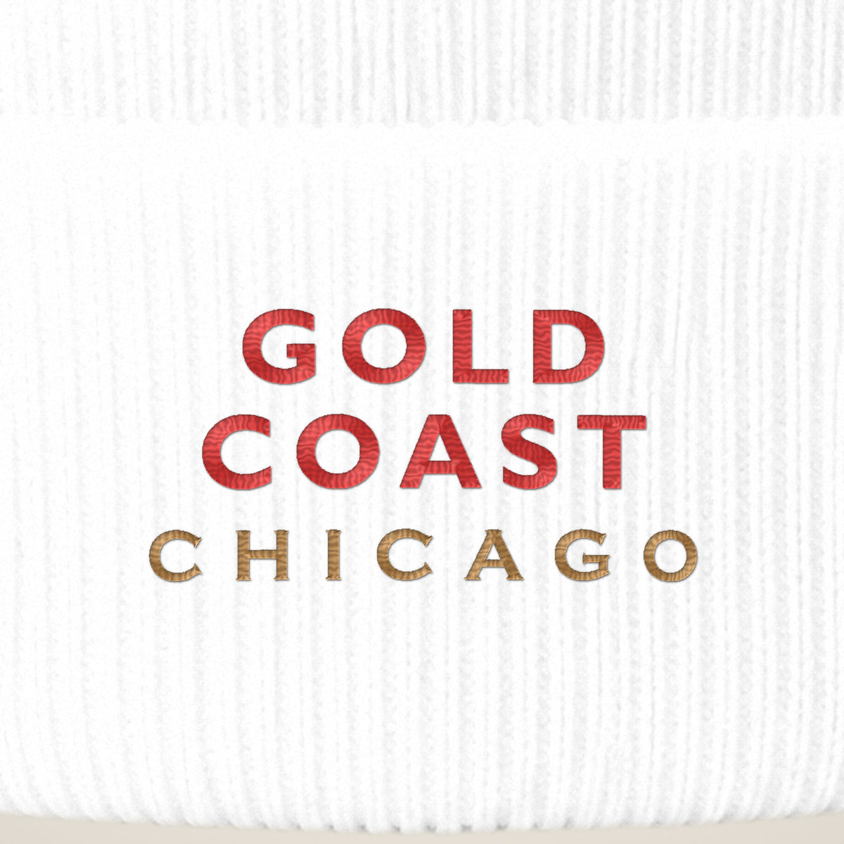 Gold Coast Chicago embroidery close-up in red and old gold thread