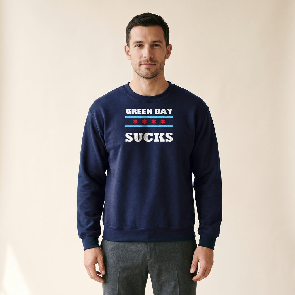 Model wearing the Green Bay Sucks Crewneck — Chicago Flag in Navy