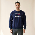 Model wearing the Green Bay Sucks Crewneck — Chicago Flag in Navy