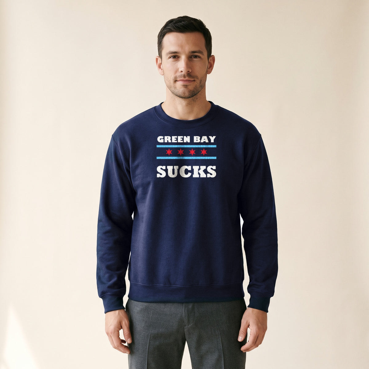 Model wearing the Green Bay Sucks Crewneck — Chicago Flag in Navy