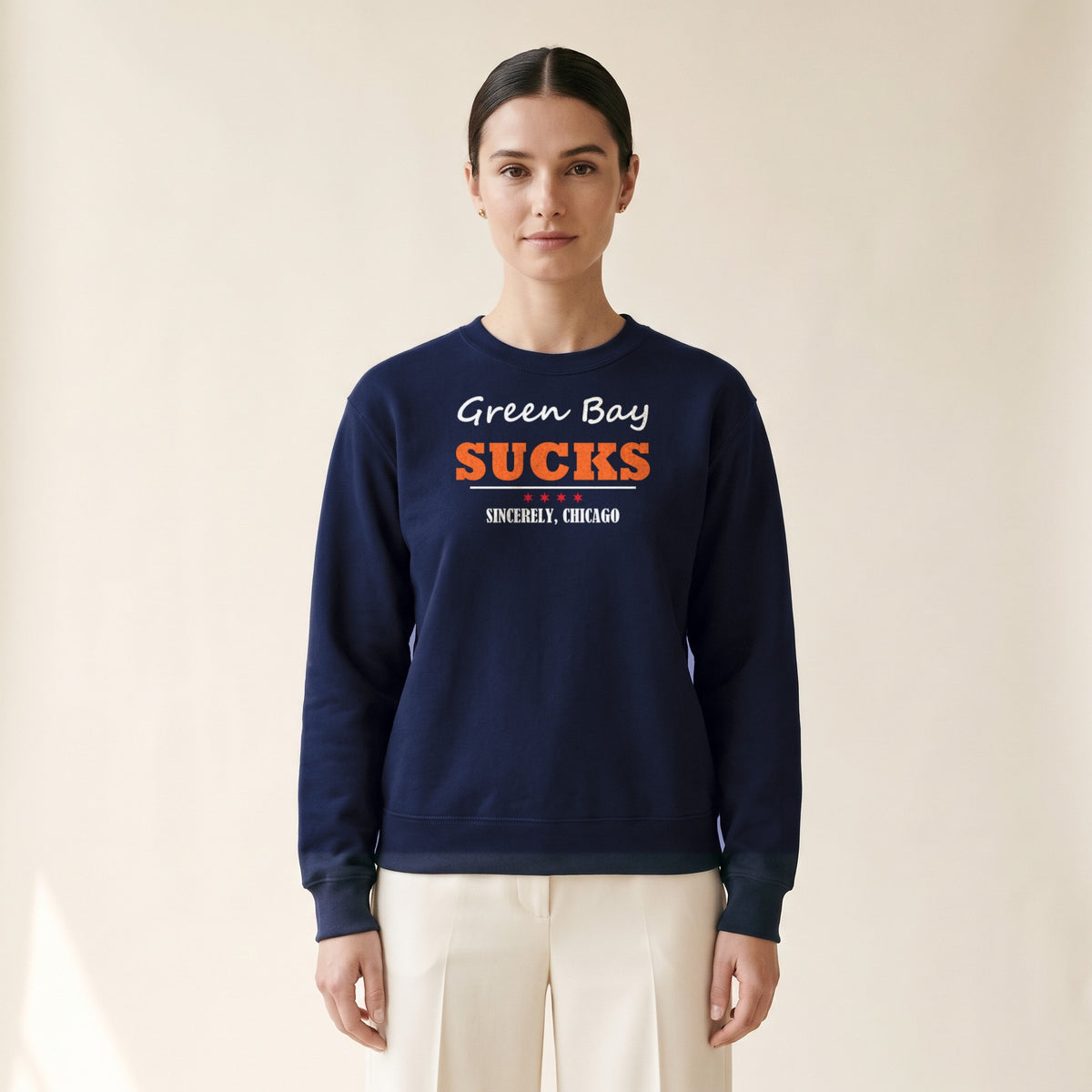 Model wearing the Green Bay Sucks Crewneck — Sincerely, Chicago in Navy