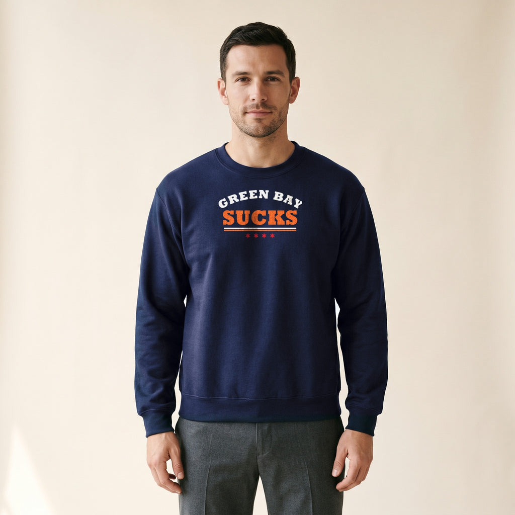Model wearing the Green Bay Sucks Crewneck — Varsity in Navy
