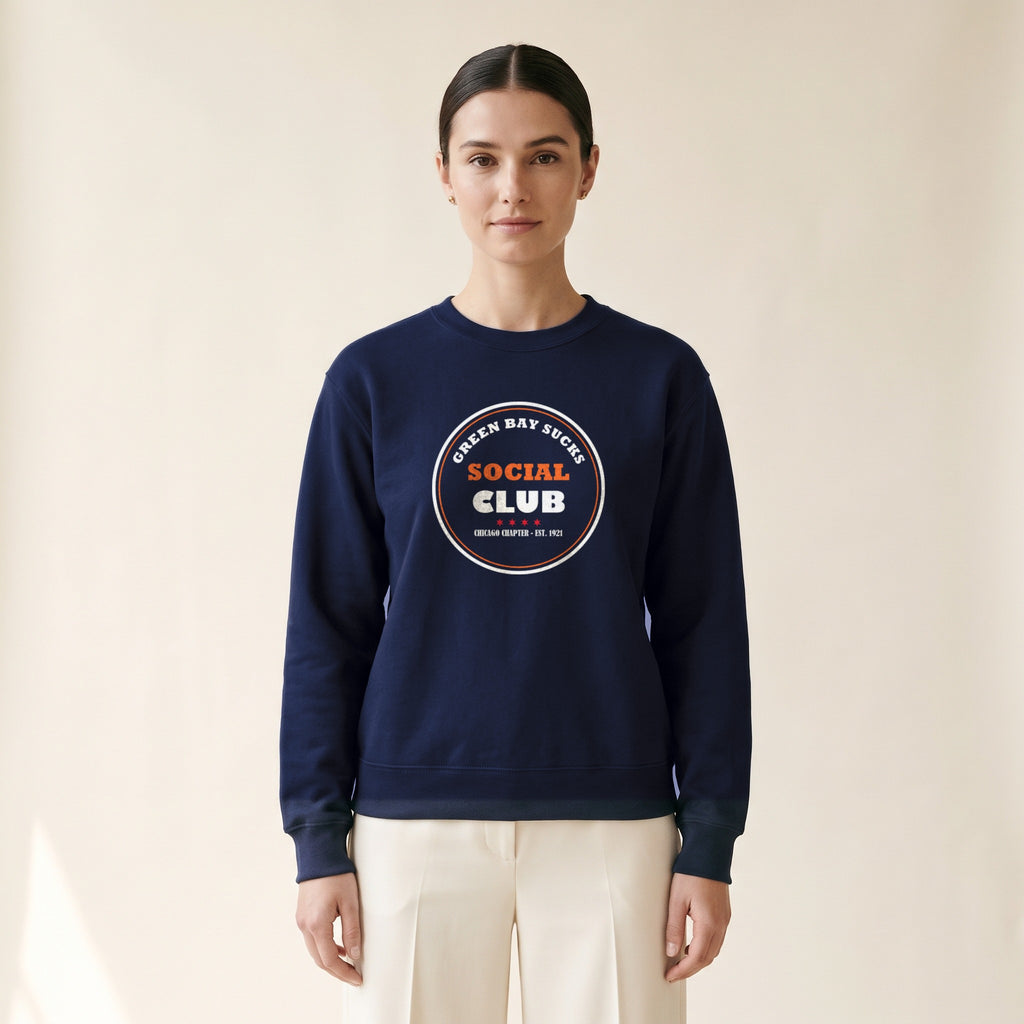 Model wearing the Green Bay Sucks Social Club Crewneck in Navy