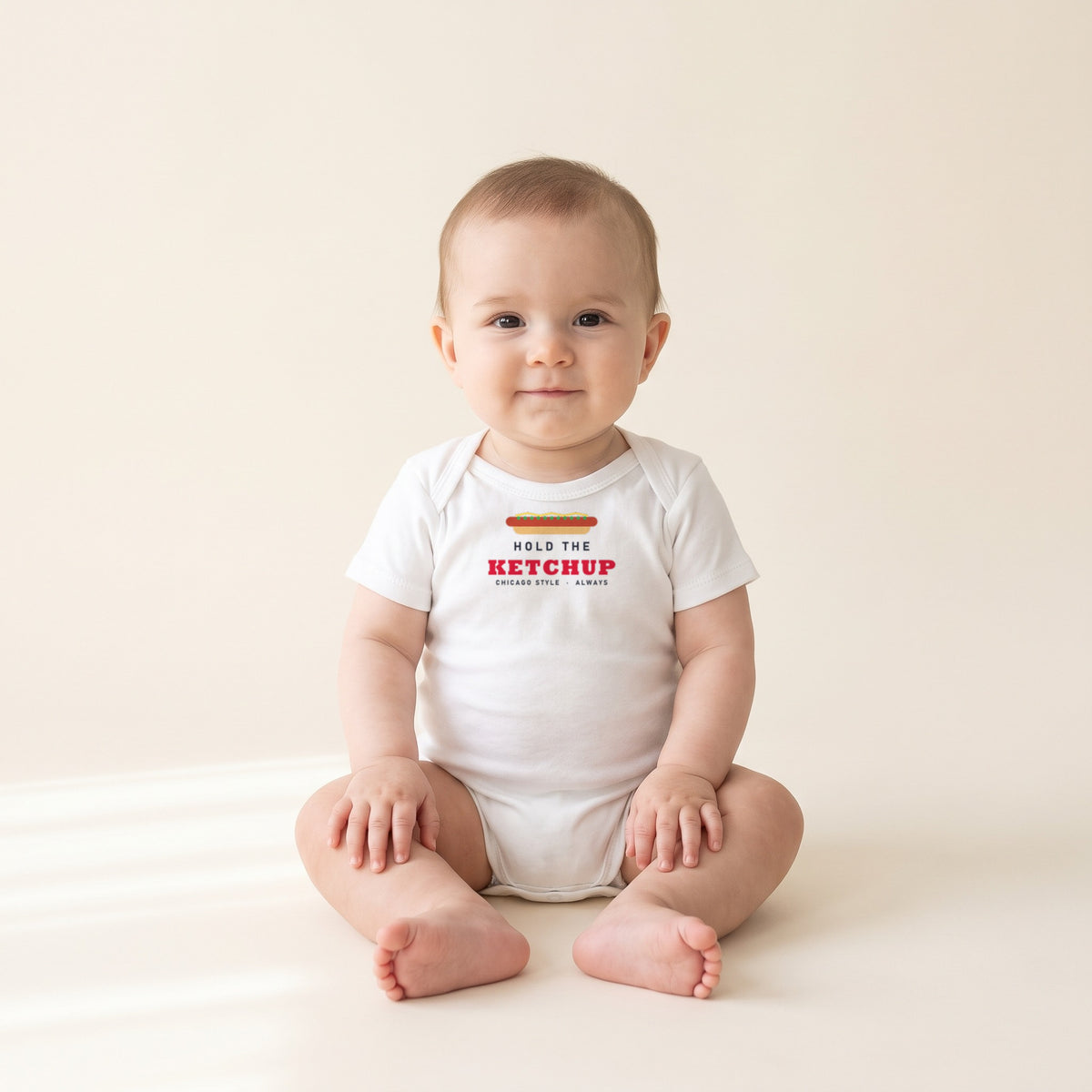 Baby wearing the Hold the Ketchup Baby Bodysuit in White