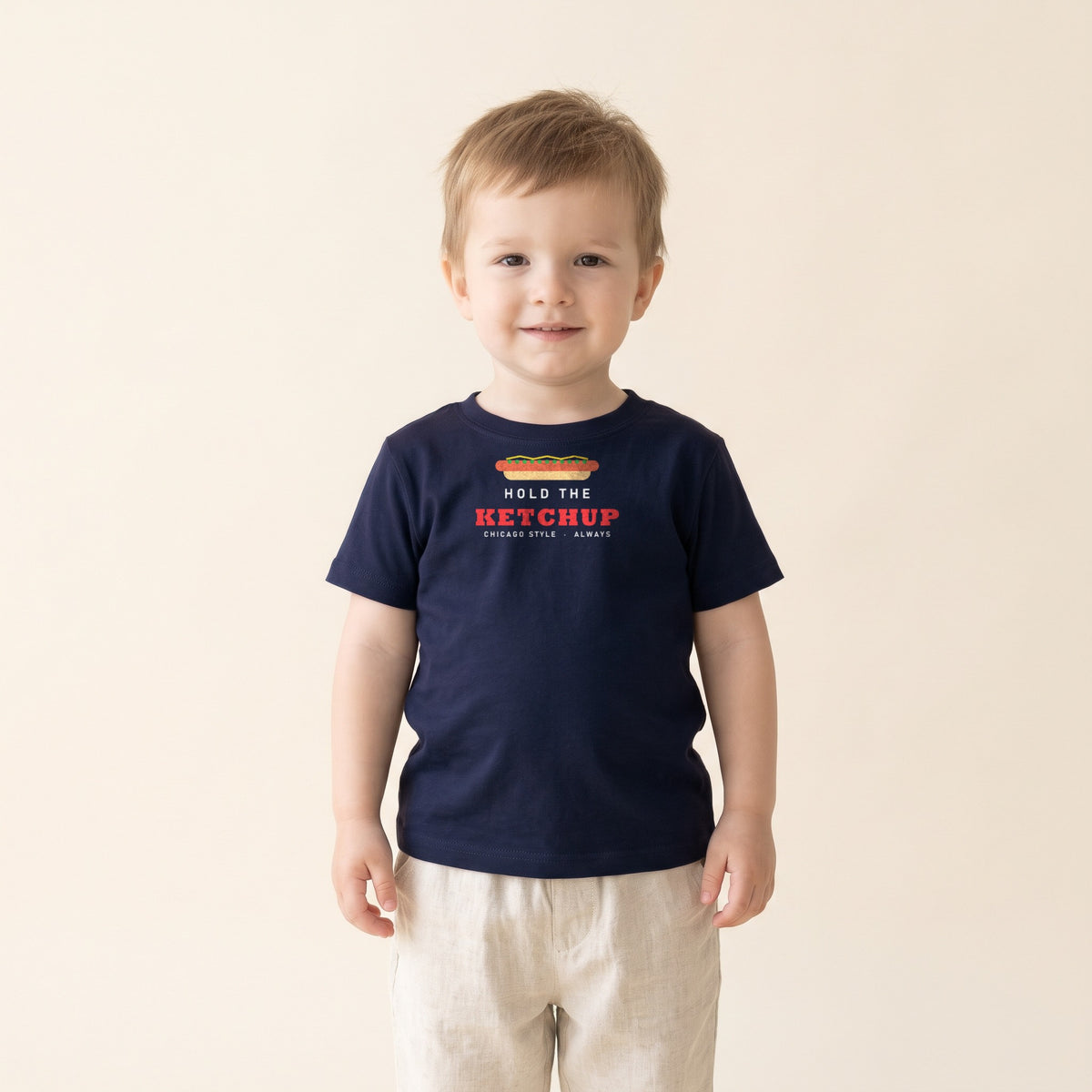 Toddler wearing the Hold the Ketchup Toddler Tee in Navy
