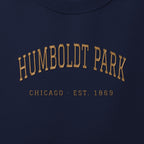Close-up of gold satin-stitch Humboldt Park embroidery