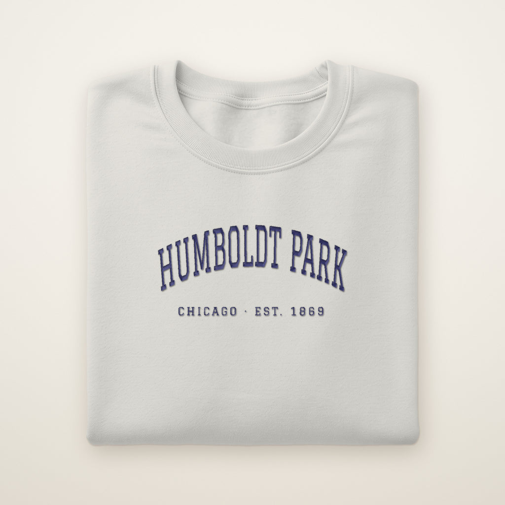 Humboldt Park Chicago embroidered crewneck sweatshirt, Ash, navy embroidery