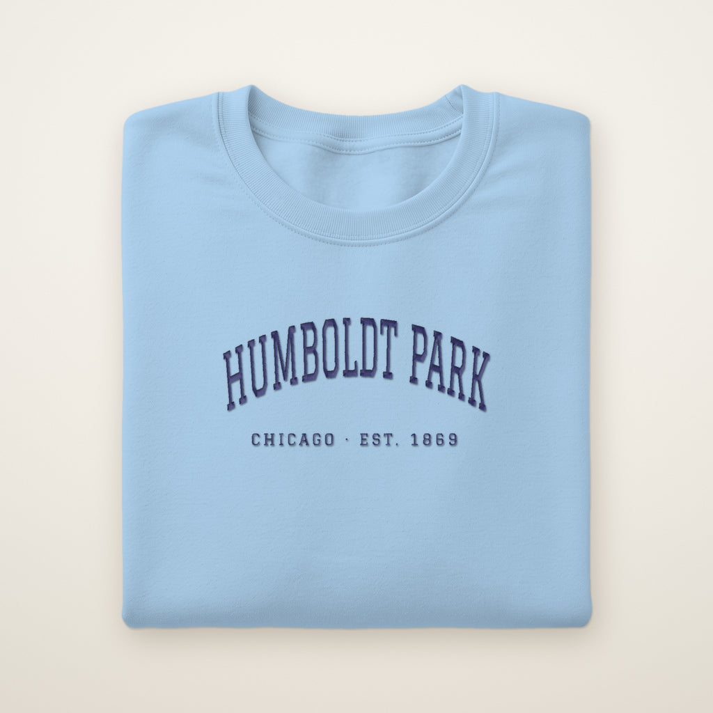 Humboldt Park Chicago embroidered crewneck sweatshirt, Light Blue, navy embroidery