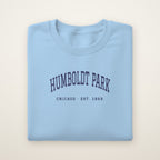 Humboldt Park Chicago embroidered crewneck sweatshirt, Light Blue, navy embroidery
