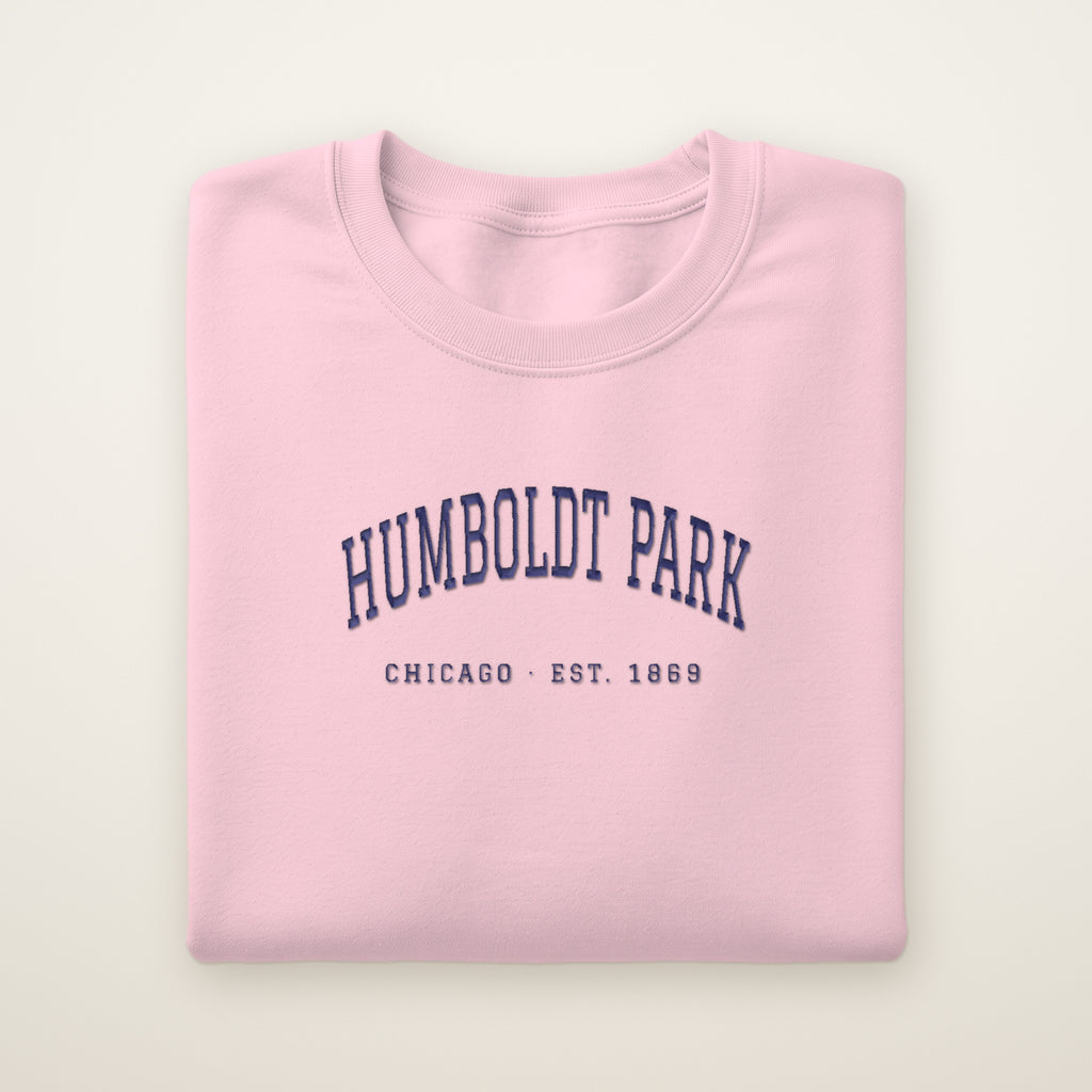 Humboldt Park Chicago embroidered crewneck sweatshirt, Light Pink, navy embroidery