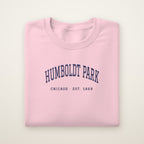 Humboldt Park Chicago embroidered crewneck sweatshirt, Light Pink, navy embroidery