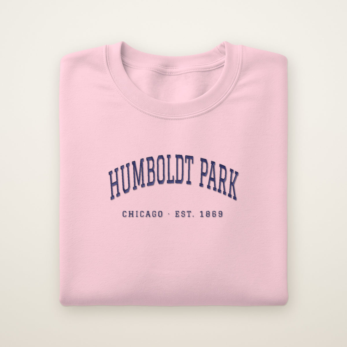 Humboldt Park Chicago embroidered crewneck sweatshirt, Light Pink, navy embroidery