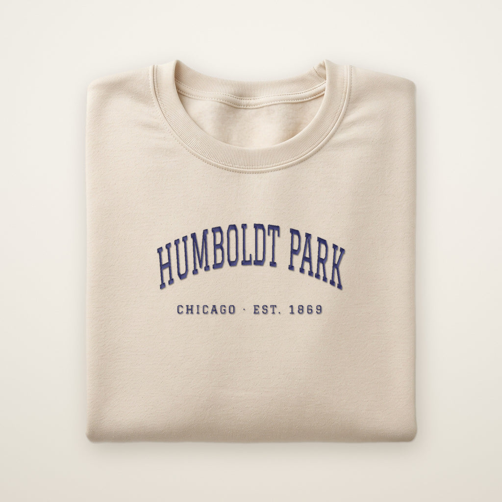 Humboldt Park Chicago embroidered crewneck sweatshirt, Sand, navy embroidery