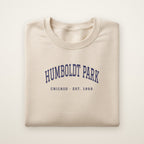 Humboldt Park Chicago embroidered crewneck sweatshirt, Sand, navy embroidery