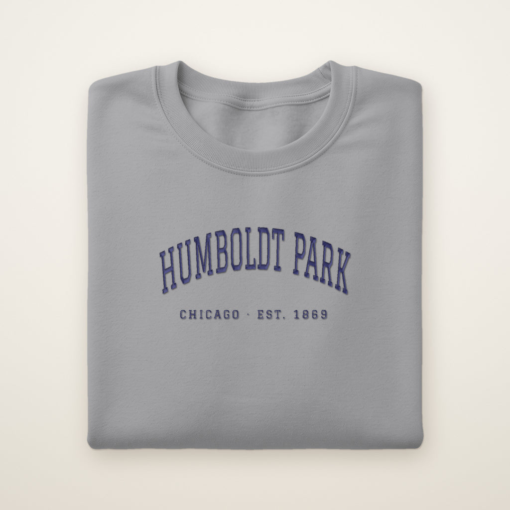 Humboldt Park Chicago embroidered crewneck sweatshirt, Sport Grey, navy embroidery