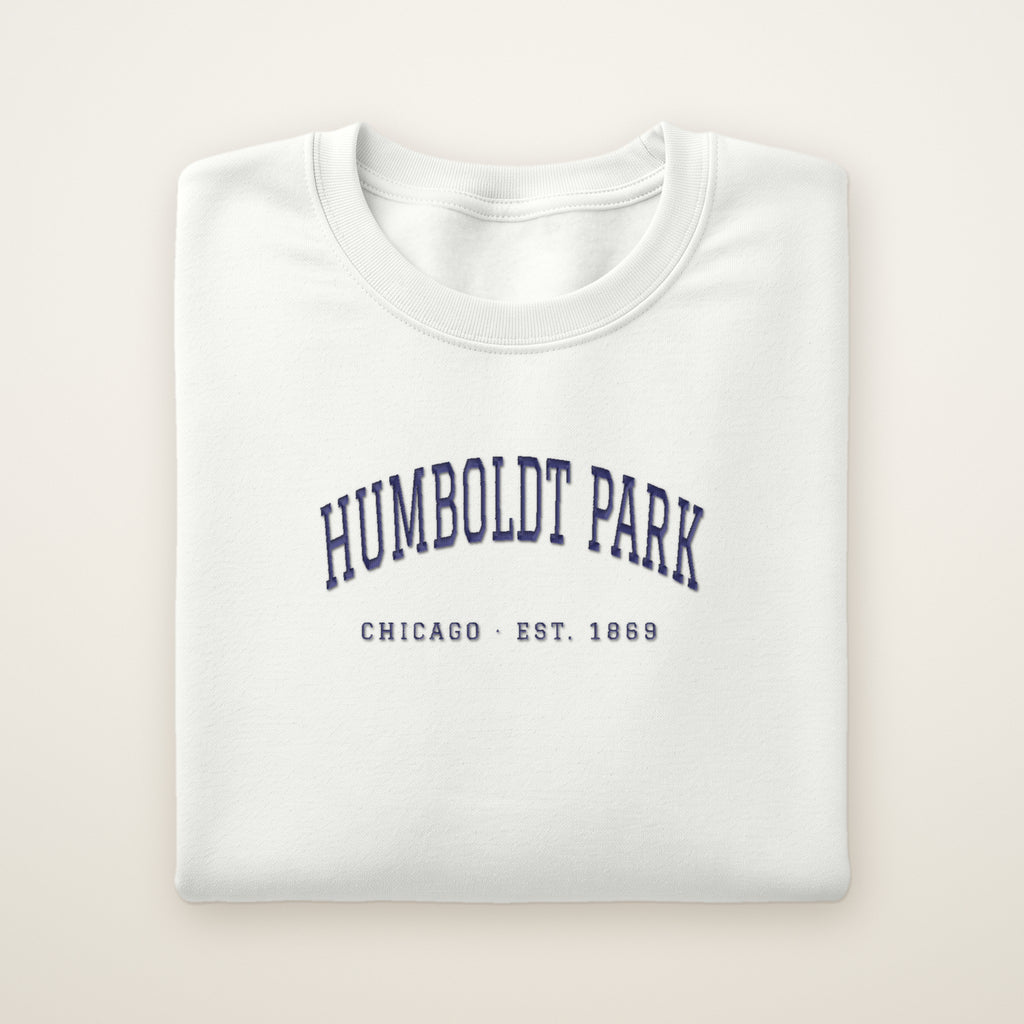 Humboldt Park Chicago embroidered crewneck sweatshirt, White, navy embroidery
