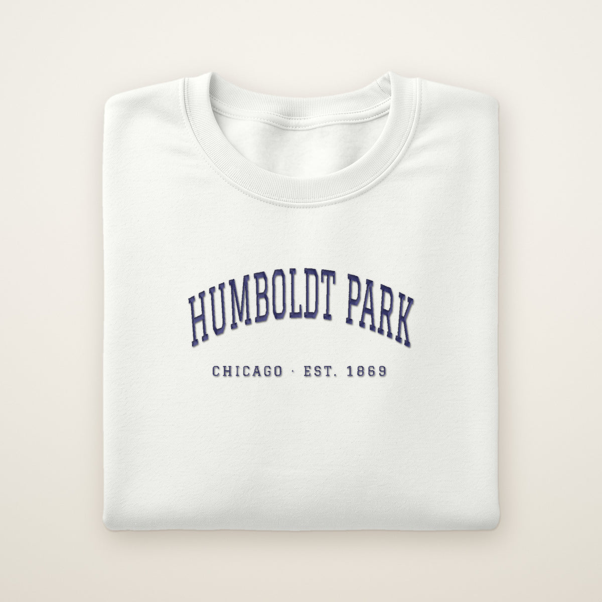 Humboldt Park Chicago embroidered crewneck sweatshirt, White, navy embroidery