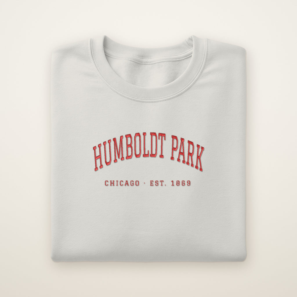 Humboldt Park Chicago embroidered crewneck sweatshirt, Ash, red embroidery