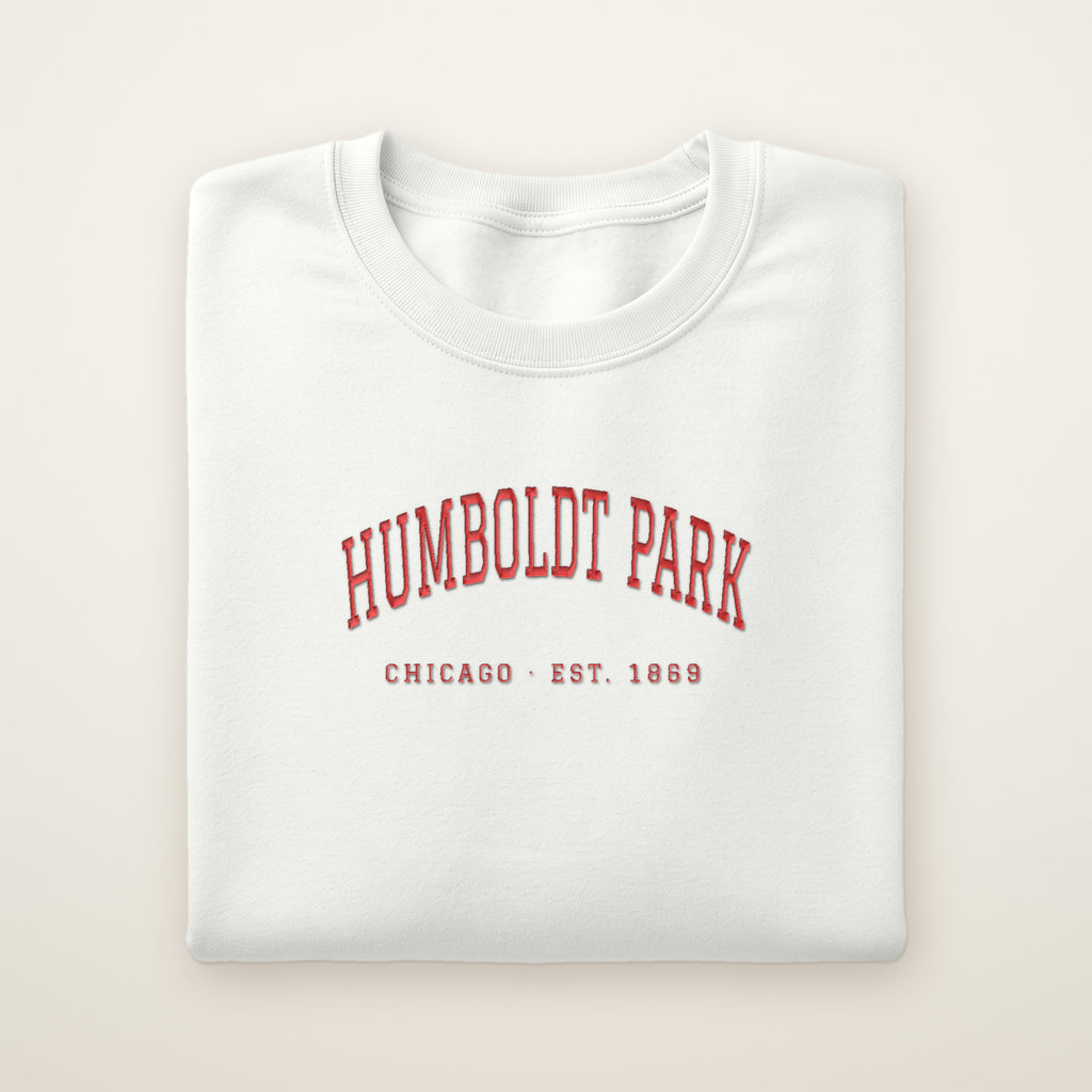 Humboldt Park Chicago embroidered crewneck sweatshirt, White, red embroidery