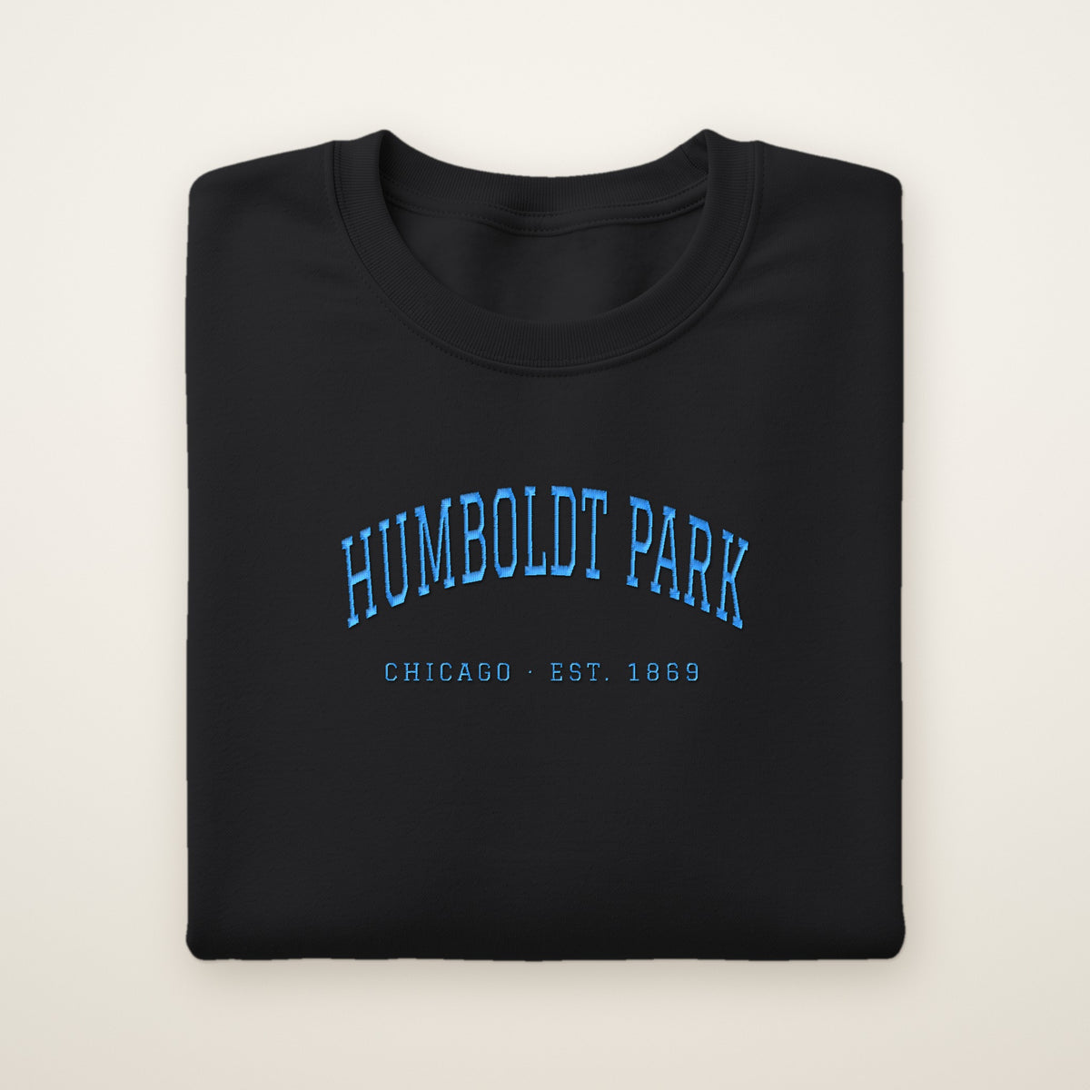 Humboldt Park Chicago embroidered crewneck sweatshirt, Black, sky blue embroidery