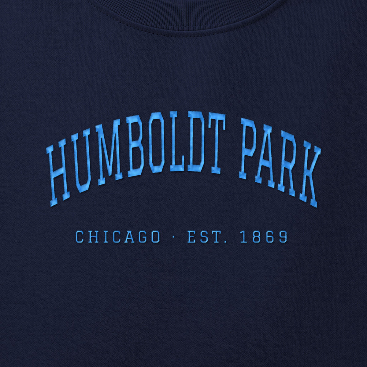 Close-up of sky blue satin-stitch Humboldt Park embroidery