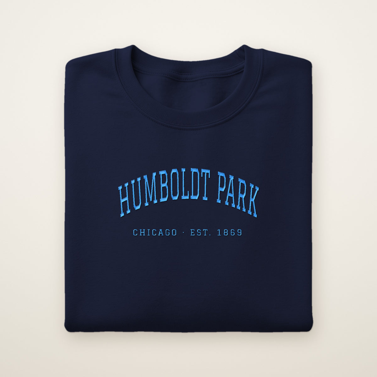 Humboldt Park Chicago embroidered crewneck sweatshirt, Navy, sky blue embroidery