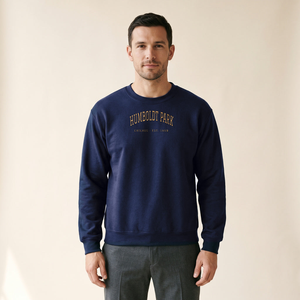 Model wearing the Humboldt Park Chicago Embroidered Crewneck — Gold Thread in Navy