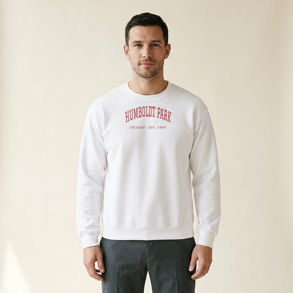 Model wearing the Humboldt Park Chicago Embroidered Crewneck — Red Thread in White