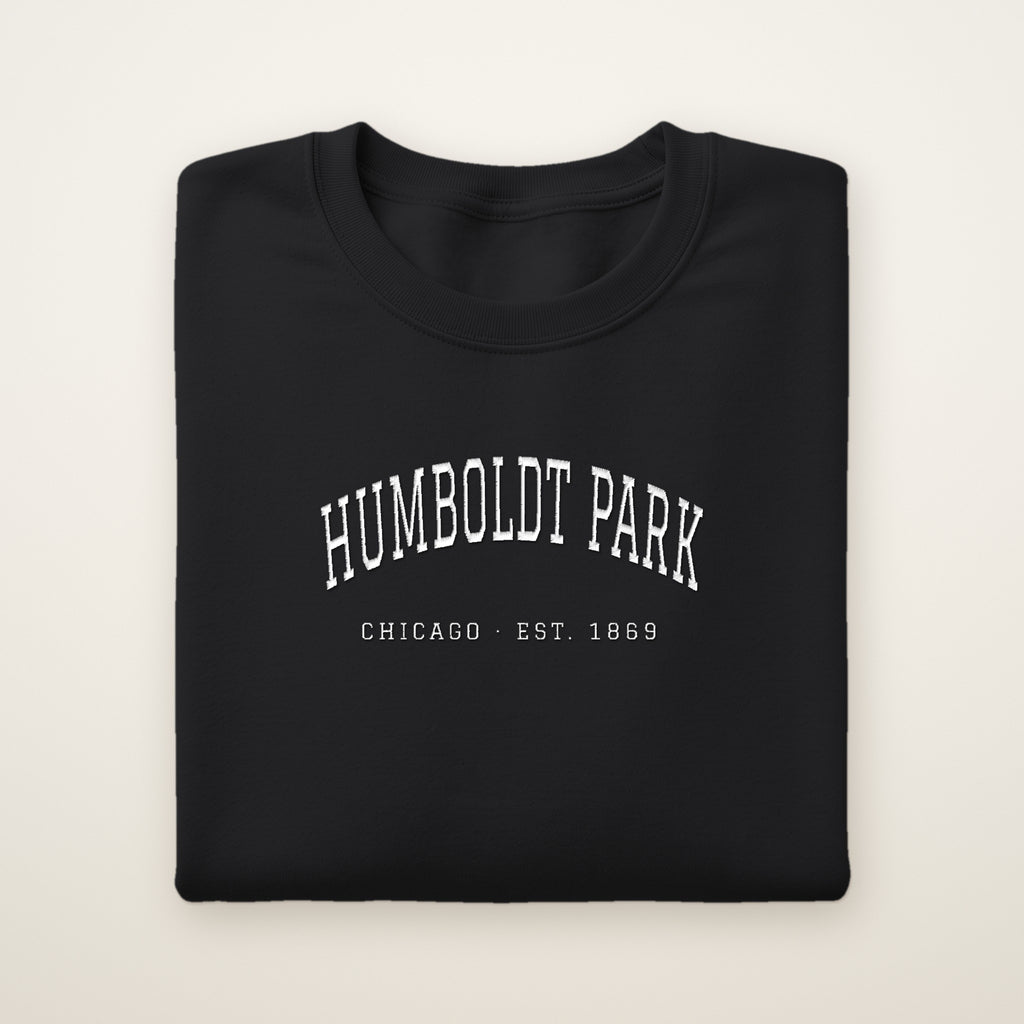 Humboldt Park Chicago embroidered crewneck sweatshirt, Black, white embroidery