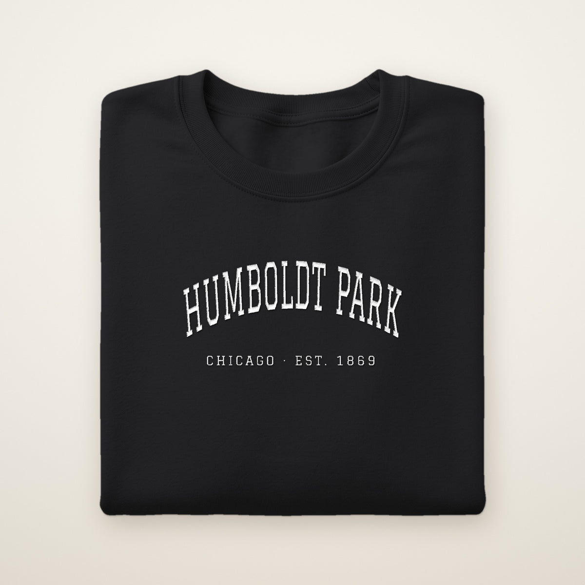 Humboldt Park Chicago embroidered crewneck sweatshirt, Black, white embroidery