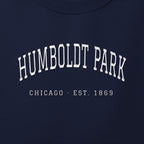 Close-up of white satin-stitch Humboldt Park embroidery
