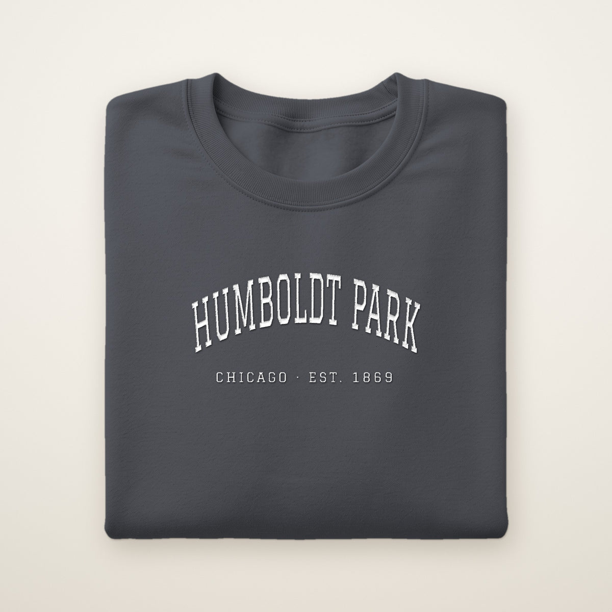 Humboldt Park Chicago embroidered crewneck sweatshirt, Dark Heather, white embroidery