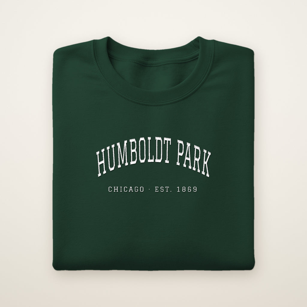 Humboldt Park Chicago embroidered crewneck sweatshirt, Forest Green, white embroidery