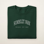 Humboldt Park Chicago embroidered crewneck sweatshirt, Forest Green, white embroidery