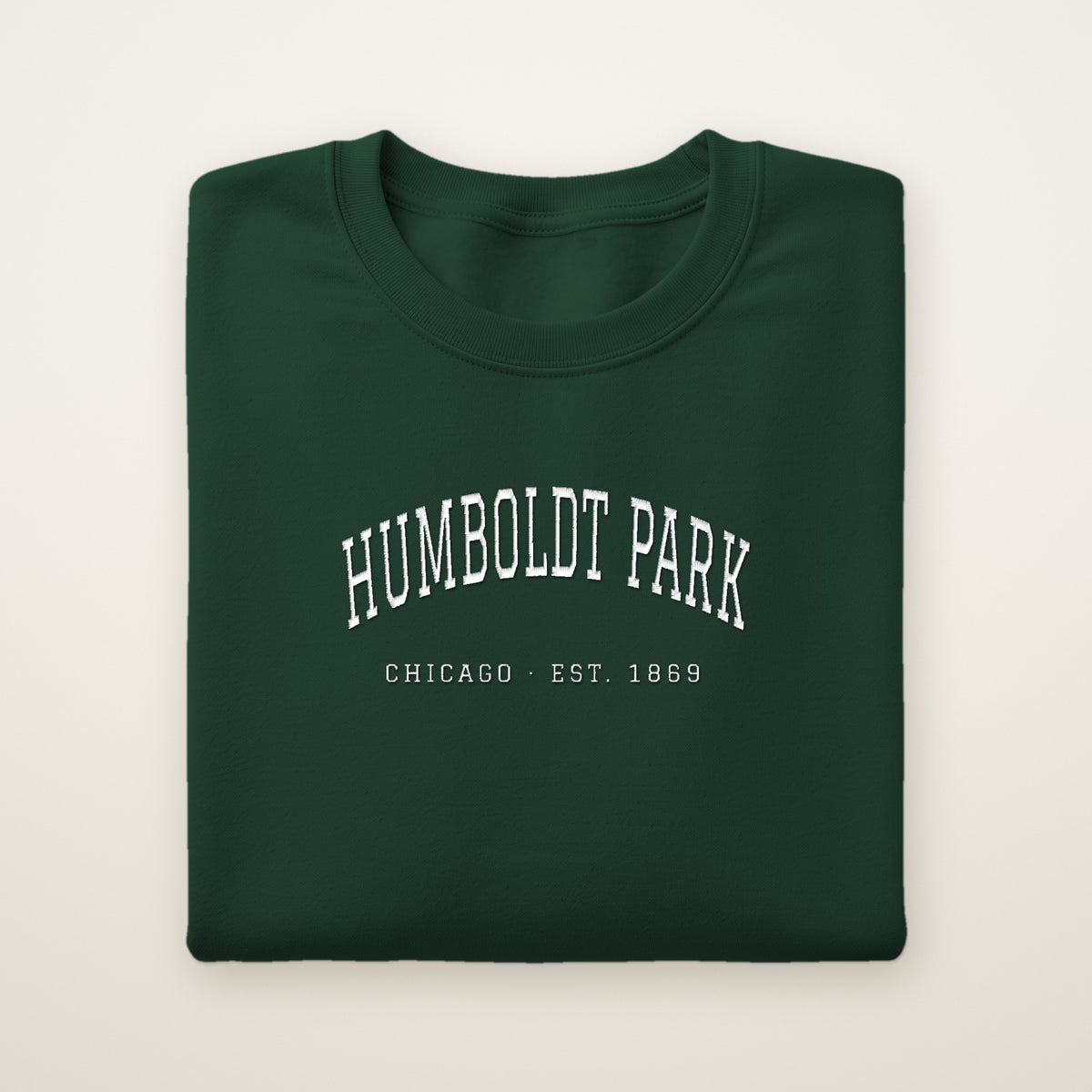 Humboldt Park Chicago embroidered crewneck sweatshirt, Forest Green, white embroidery