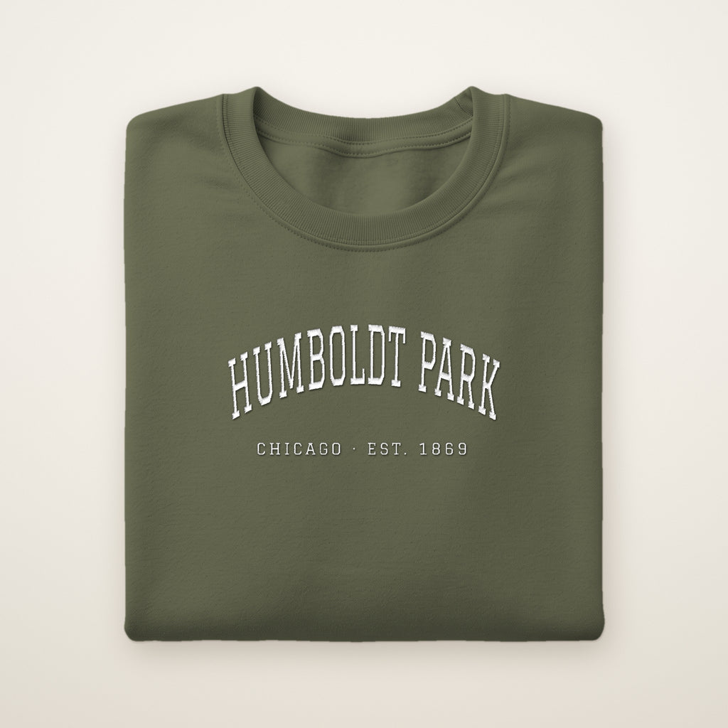 Humboldt Park Chicago embroidered crewneck sweatshirt, Military Green, white embroidery