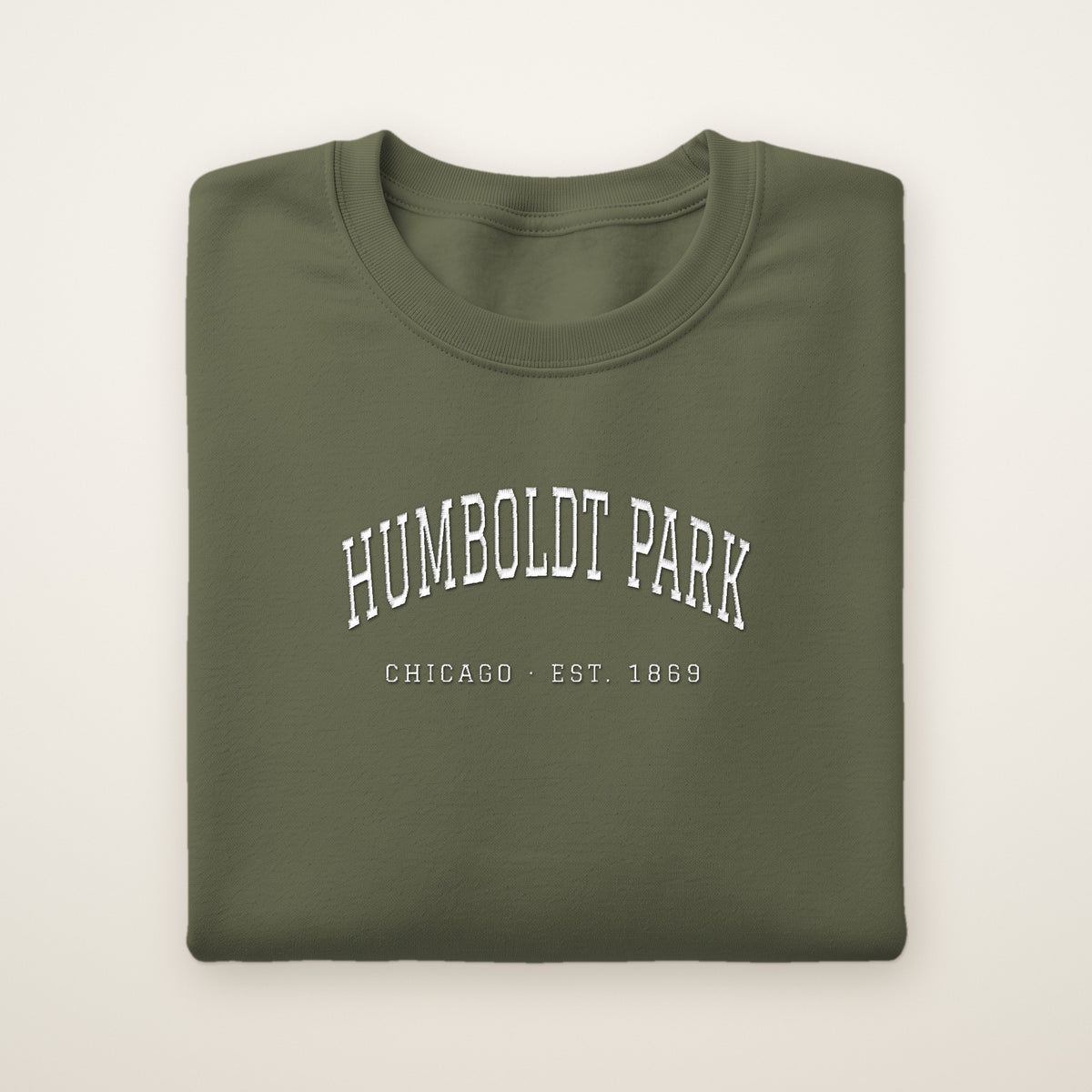 Humboldt Park Chicago embroidered crewneck sweatshirt, Military Green, white embroidery