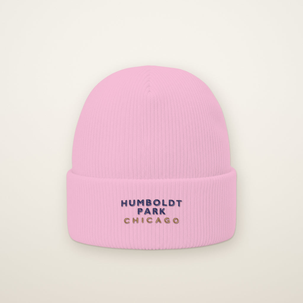 Humboldt Park Chicago Embroidered Cuffed Beanie, Navy Thread, Baby Pink