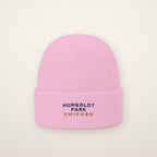 Humboldt Park Chicago Embroidered Cuffed Beanie, Navy Thread, Baby Pink