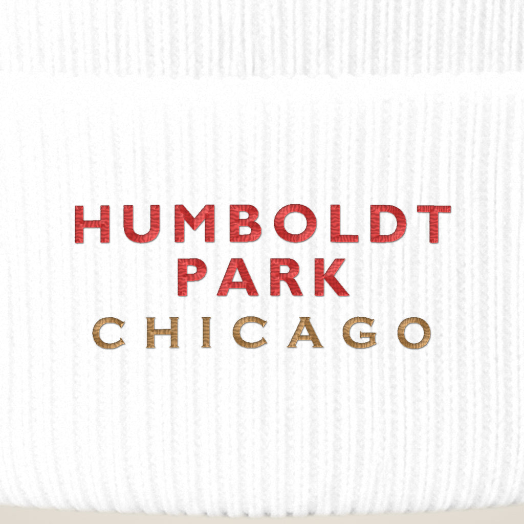Humboldt Park Chicago embroidery close-up in red and old gold thread