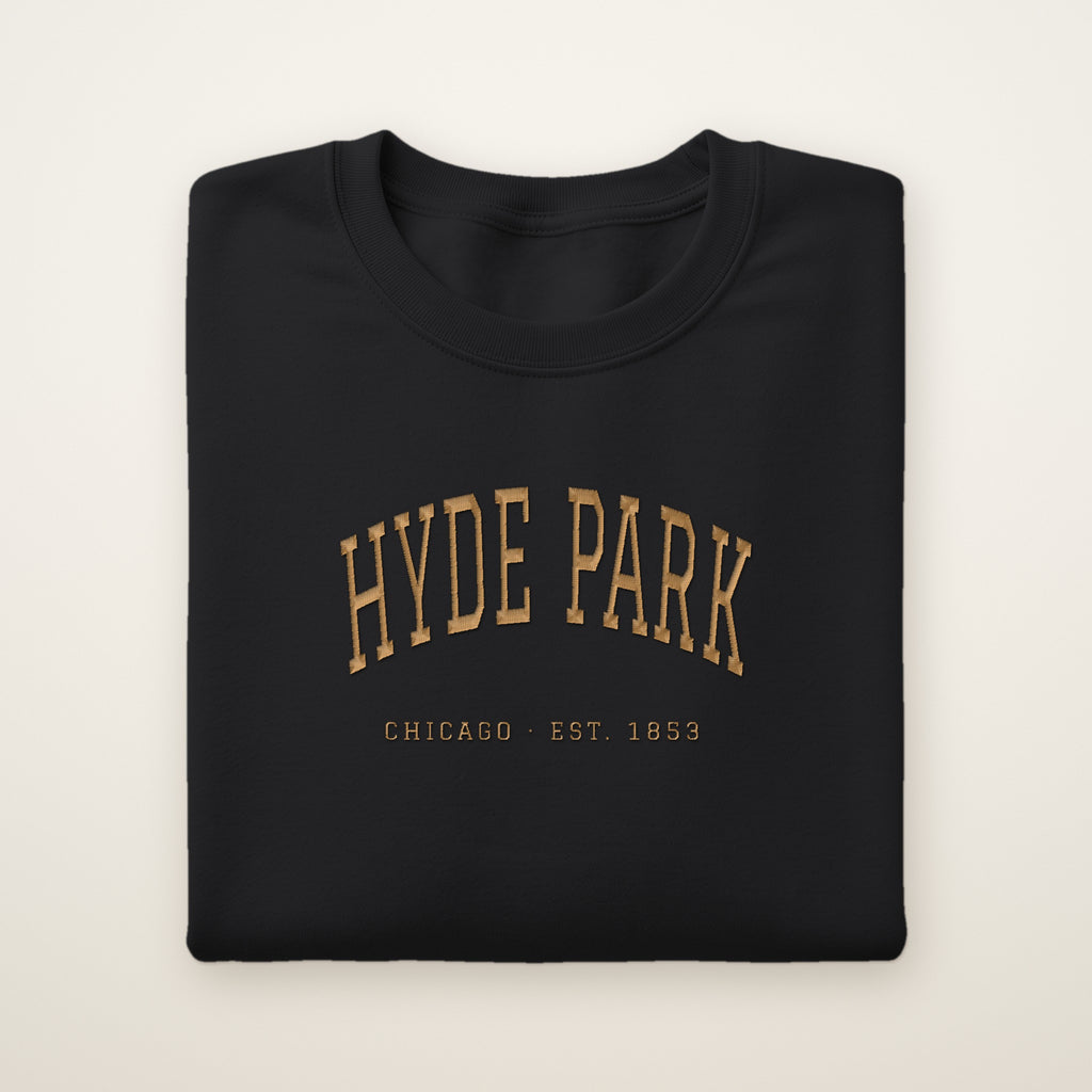 Hyde Park Chicago embroidered crewneck sweatshirt, Black, gold embroidery