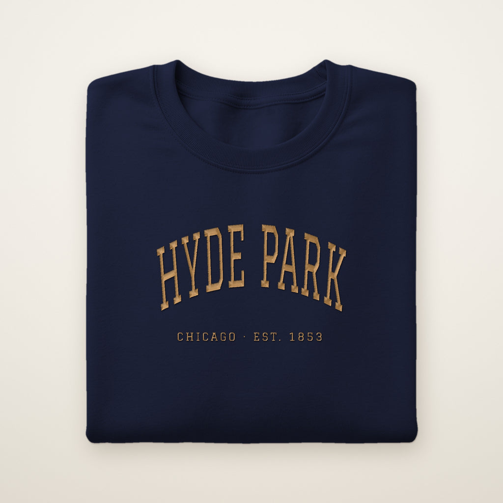 Hyde Park Chicago embroidered crewneck sweatshirt, Navy, gold embroidery