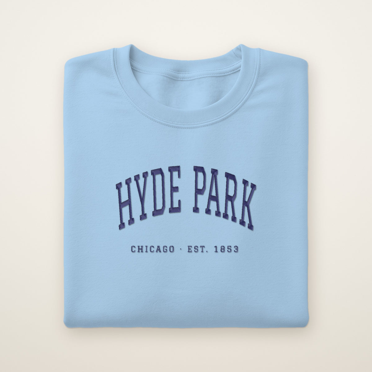 Hyde Park Chicago embroidered crewneck sweatshirt, Light Blue, navy embroidery