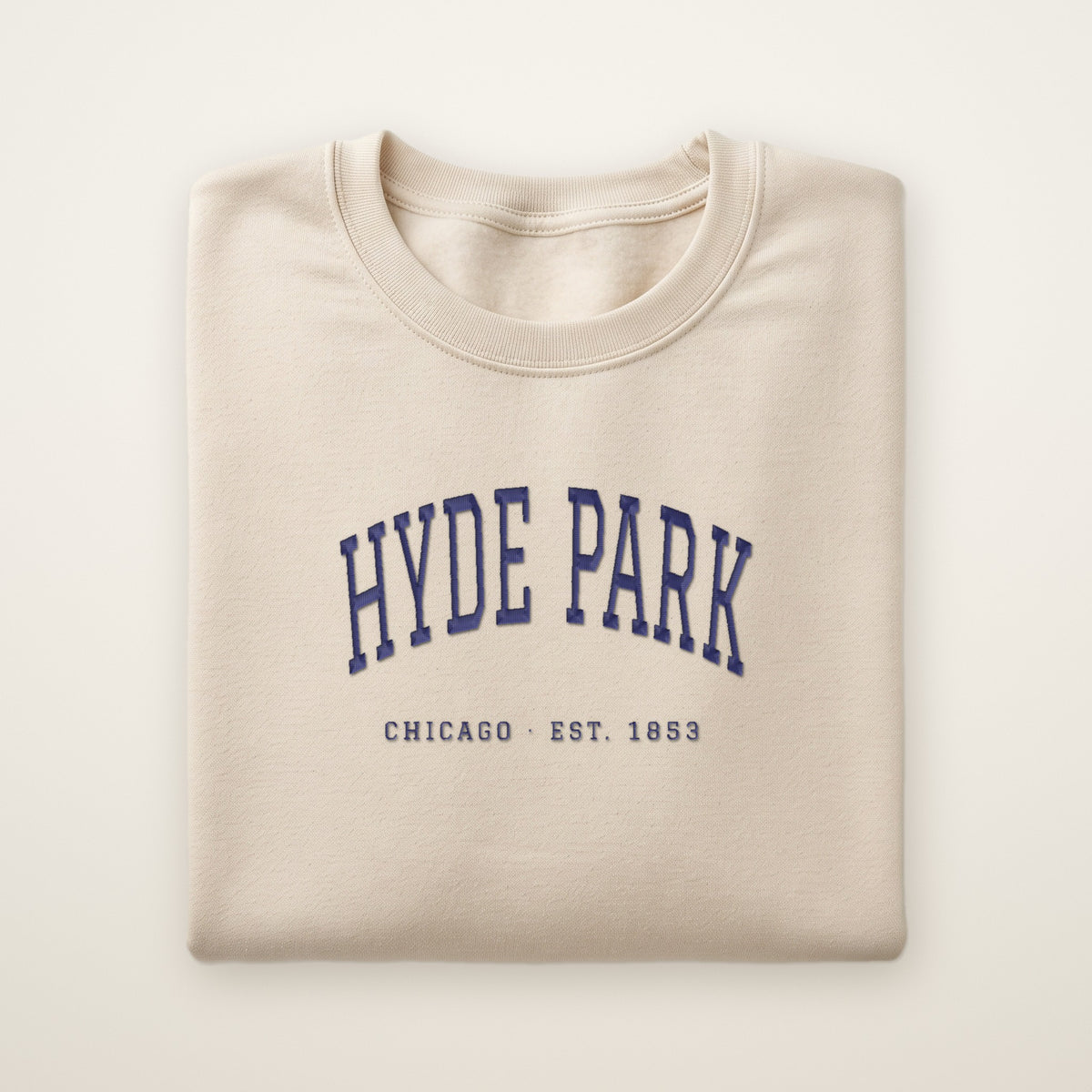 Hyde Park Chicago embroidered crewneck sweatshirt, Sand, navy embroidery