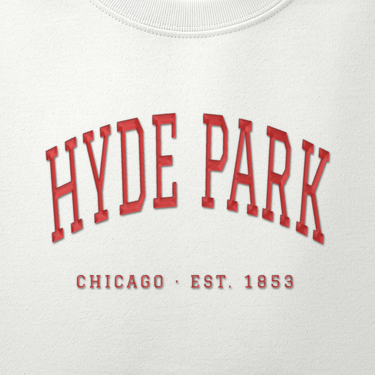 Close-up of red satin-stitch Hyde Park embroidery